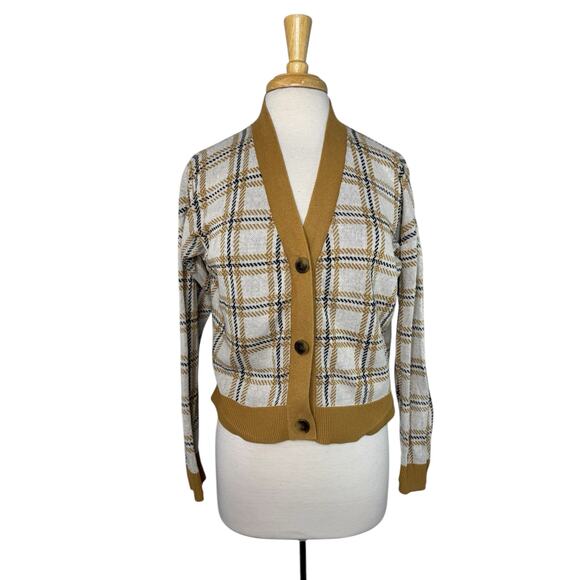 LOFT Preppy Plaid Cardigan Sweater Size Medium Petite Gold Black White Cotton - Picture 1 of 10